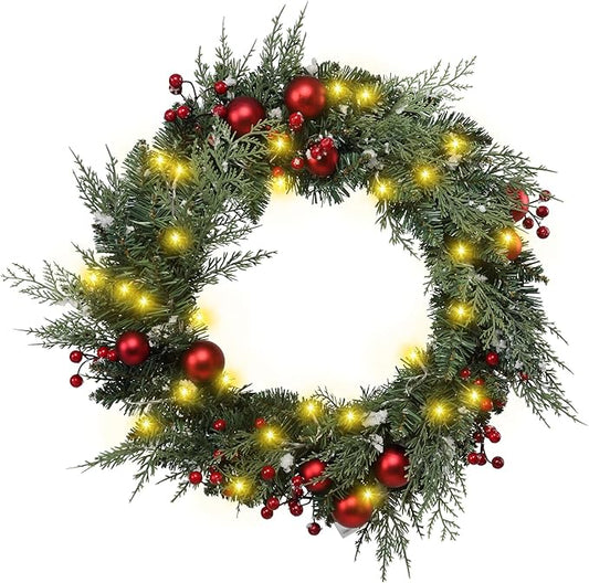 20" Large Christmas Wreath with LED Lights Winter Wreaths for Front Door or Wall Powered by 3AA Batteries for Indoor Outdoor Party Holiday Decorations