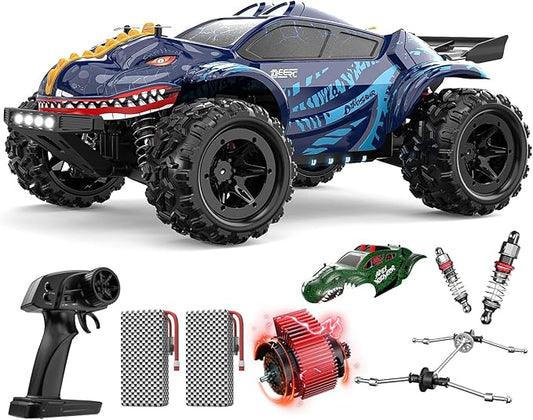 DEERC 9308E 1:16 Fast RC Cars for Boys Age 8-12 RC Monster Truck 40 KPH,All Terrain 4WD High Speed Dinosaur Truck 2 Car Shell,2.4Ghz Off-Road Remote Control Cars with 2 Batteries, Toy Gift for Kids