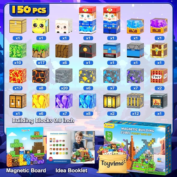 150PCS Magnetic Blocks - Build Mine Magnet World Kids Building Blocks with Magnet Board for 3 4 5 6 7 8 9 10 Year Old Boys & Girls Magnetic Tiles STEM Sensory Outdoor Toys for Kids Ages 4-8 5-7