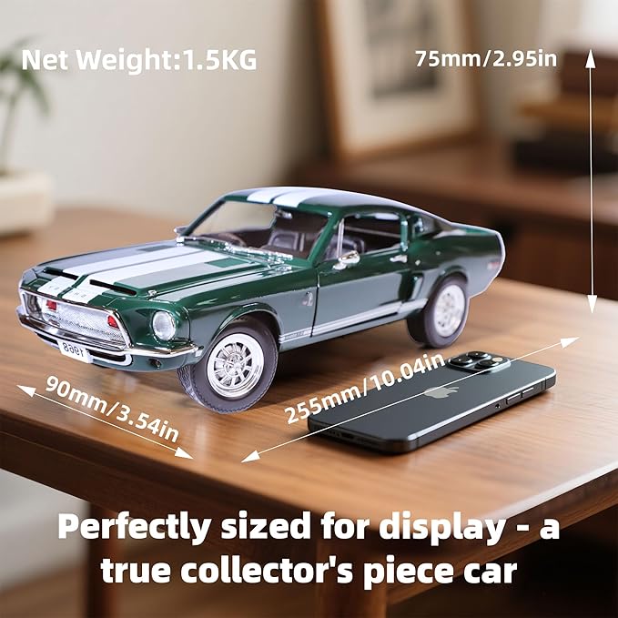 1968 Ford Shelby Cobra GT-500KR 1:18 Scale Diecast Model Premium Alloy Sports Cars with Display Case, Working Steering, Best Gift for Men, Dad & Kids 14+ Years Collector's(Green)