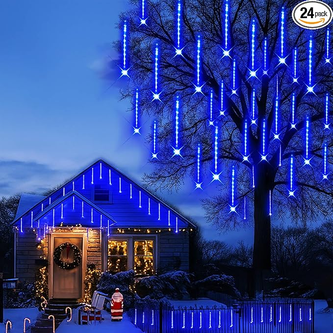 Aokudoni Outdoor Christmas Decorations: 24-Tube Meteor Shower Lights 576 LED Snow Falling Icicle Christmas Lights Outdoor for House Tree Yard Garden Xmas Decor, UL Plug, Blue