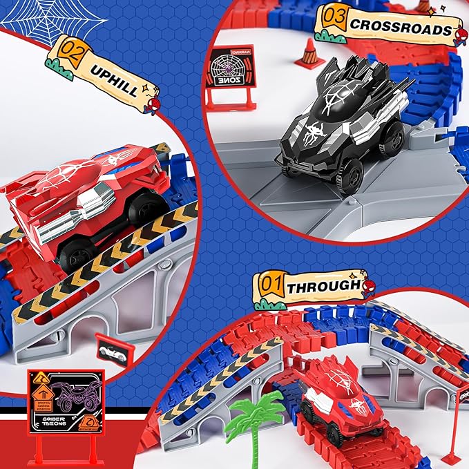 Spider Toys for Boys 4-6, with 2pcs Spider Cars and 1pcs Stand-Spider for Kids Toddler, 212 Pcs Race Track, 3 4 5 6 7 8 Year Old Boys Girls Birthday Party Favor Gift