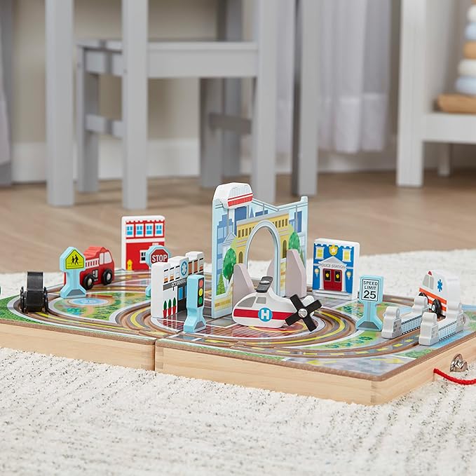 Melissa & Doug 18-Piece Wooden Take-Along Tabletop Town, 4 Rescue Vehicles, Play Pieces, Bridge