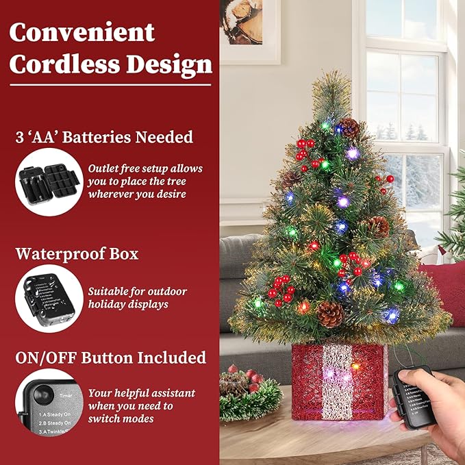 Mini Christmas Tree with Lights, 2 Foot Tabletop Christmas Trees with Gift Box Base&Ornaments, Easy Setup Artificial Xmas Trees, Twinkling Tiny Christmas Tree Battery Powered for Bedroom