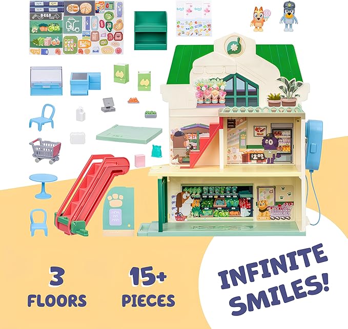 Bluey and Bingo Supermarket Playset with Escalator, Pretend Play Toys for Toddlers, Sounds and 15 Pieces, Grocery Store Playset