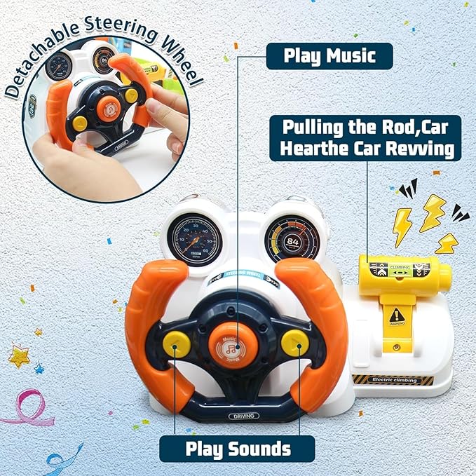 Fisca 2-in-1 Race Car Tracks PlaySet for Kids, Toy Car Ramp Track and Lifting Parking Lot, Dual Mode Toddler Car Track Toy Playset with 6 Cars, Automatic Rotary Elevator, Steering Wheel Music Driving