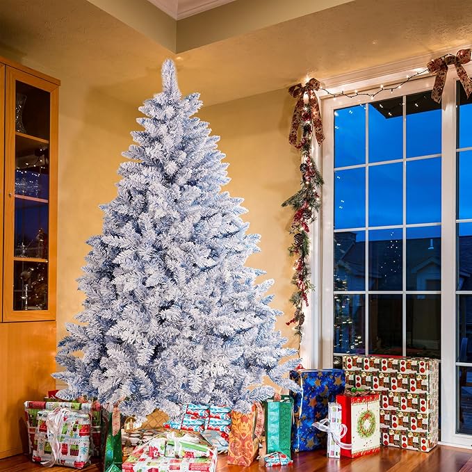 6ft Premium Hinged Artificial Holiday Christmas Tree for Home, Office, Party Decoration Snow Flocked Xmas Pine with 1,000 Branch Tips, Easy Assembly, Metal Hinges & Base (Blue)