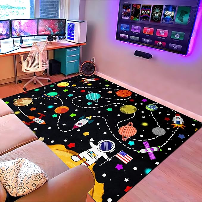 Outer Space Rug for Boys - Galaxy Carpet for Boys Room Cute Cartoon Universe Planet Area Rug Satellite Rockets Kids Baby Polyester Crystal Floor Mat Kids Play Carpet for Children Bedroom 47"L x 39"W