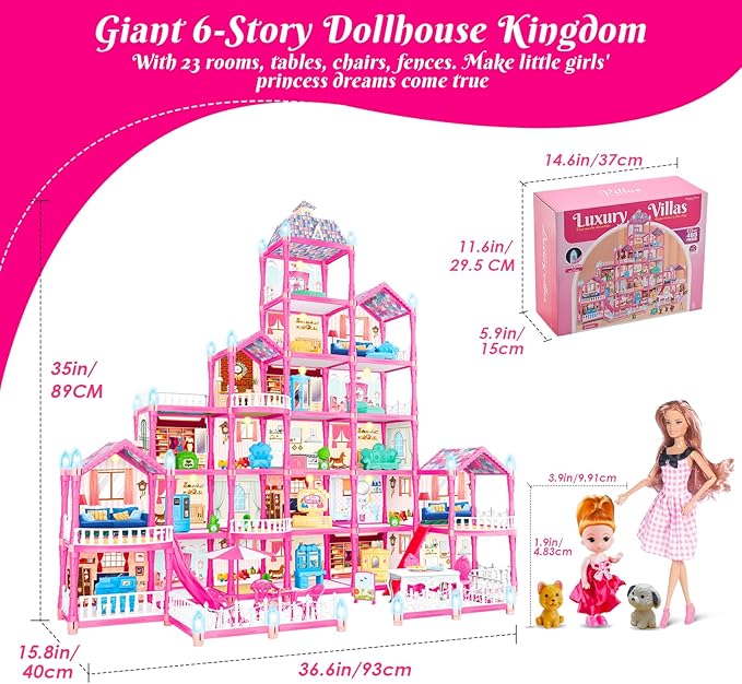6-Story Doll House Large DIY Playhouse(35 in) for Girls, Little Girl Dream House with Furniture, Little Dog Toy, 2 Princess Figures and Slide, Creative Construction Toy