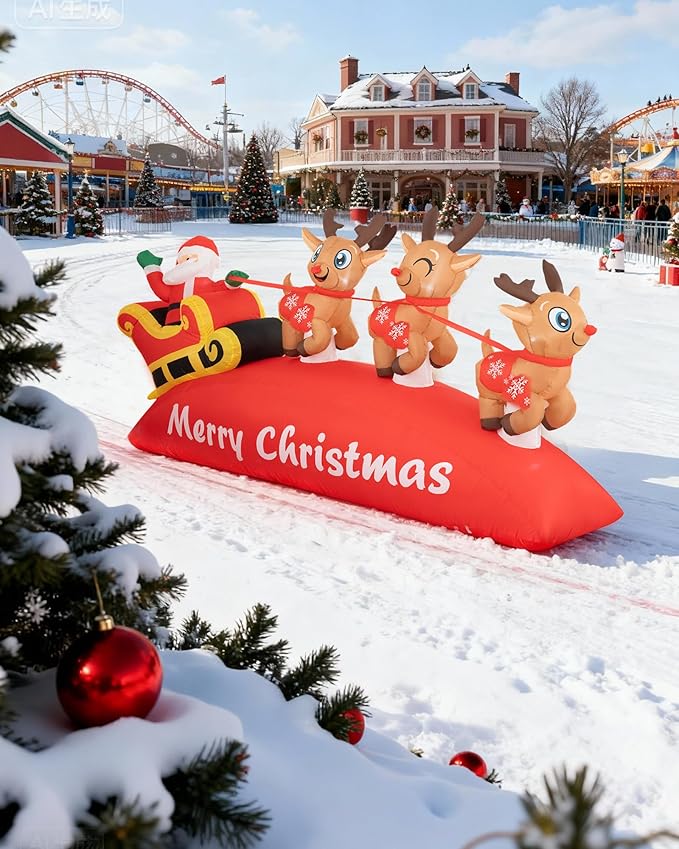 10 FT Christmas Inflatable Santa Sleigh with 3 Reindeer Outdoor Decoration, Blow Up Yard Decor with Bright LED Lights, Santa Claus Xmas Decor for Garden Lawn Backyard