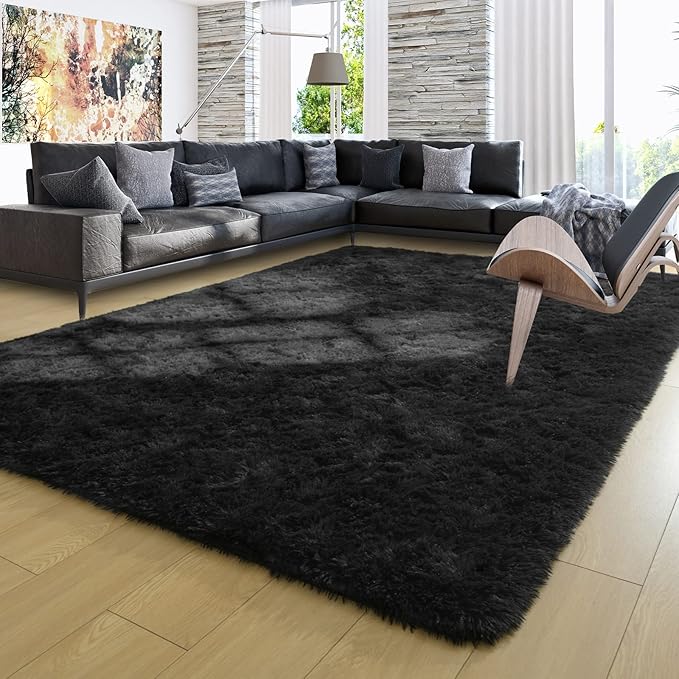 Ompaa 9x12 Area Rug Black Fluffy Living Room Large Carpet for Bedroom Dorm, Non-Slip High Pile, Modern Big Shag Rug for Classroom Kids Playroom Nursery Home Office Decor