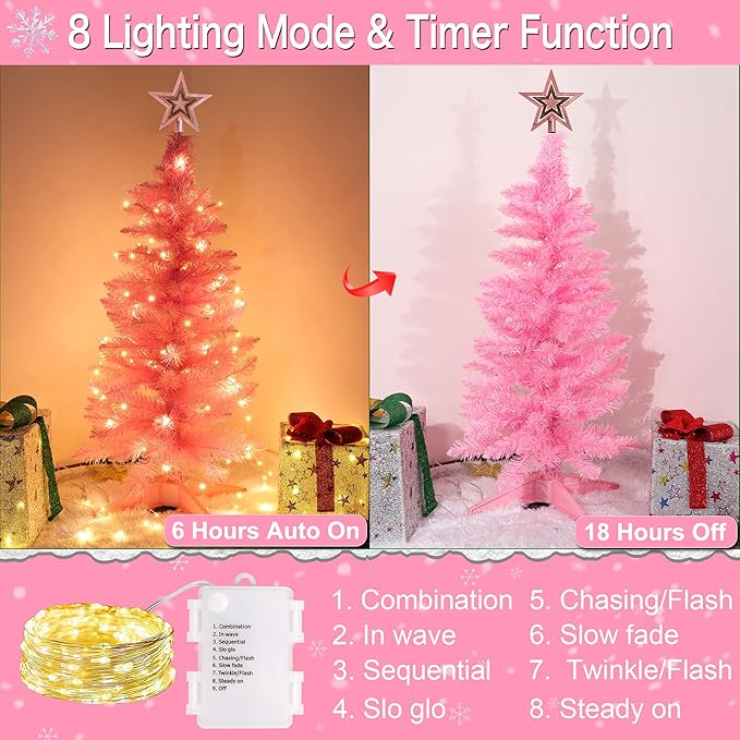 3 Ft Pink Christmas Tree with Lights, Timer 8 Modes 50 Warm White Lights Battery Operated Small Artifical Full Christmas Tree for Tabletop Home Office Indoor Outdoor Xmas Holiday Party Decorations