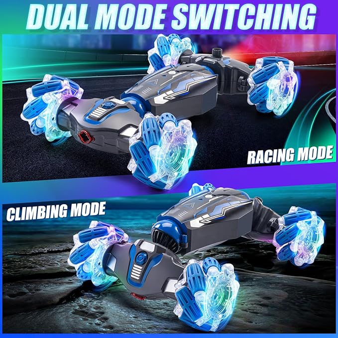 4WD Stunt Car, 2.4 GHz Gesture Sensor RC Cars, Double-Sided Vehicle 360° Flip RC Twist Buggy with Music Spray - Best Christmas and Birthday Present for Boys and Girls Aged 6-12 (Blue)