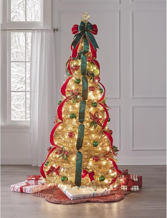 BrylaneHome 6 Ft Fully Decorated Pre-Lit Pop-Up Christmas Tree with 350 Warm Lights & Included Stand, Collapsible, Easy Assembly - Champagne