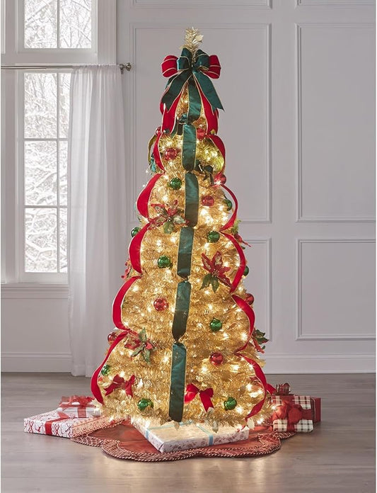 BrylaneHome 6 Ft Fully Decorated Pre-Lit Pop-Up Christmas Tree with 350 Warm Lights & Included Stand, Collapsible, Easy Assembly - Champagne