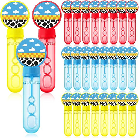 24 Pcs Cartoon Toy Bubble Wands Blue Sky White Clouds and Cow Print Mini Bubble Party Favor for Kids Toddlers Christmas Birthday Goody Bag Stuffer Filler Classroom Reward Gifts(Red, Yellow, Blue)