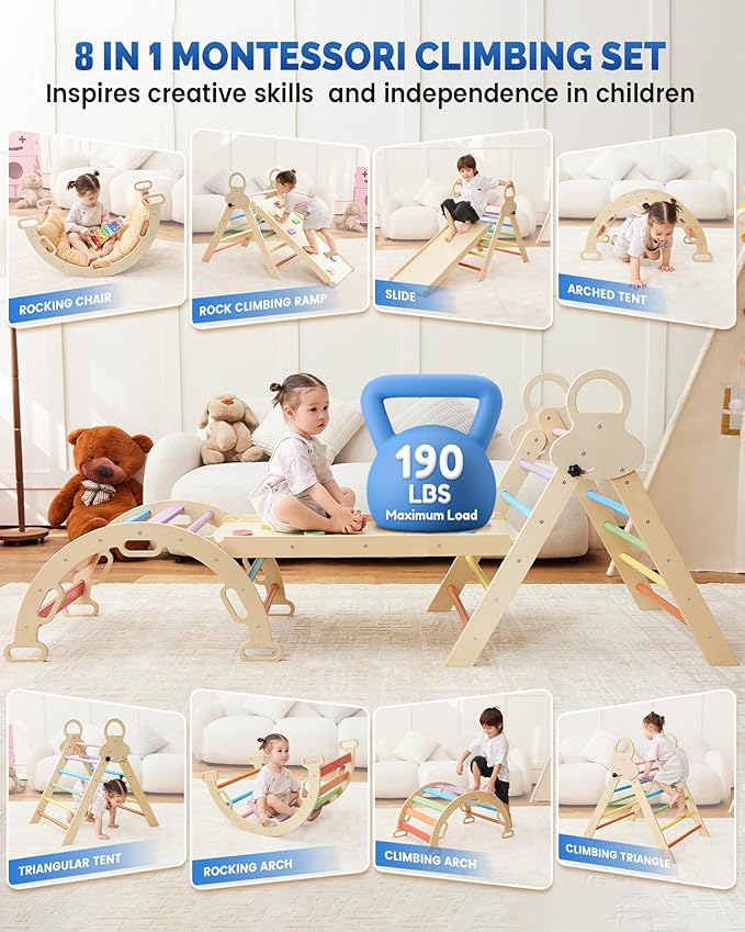 Pikler Triangle Set for Kids, 8 in 1 Colorful Montessori Large Climbing Toys for Toddlers 1-6 Inside with Ramp, Arch and Foldable Triangle, Wooden Child Indoor Playground