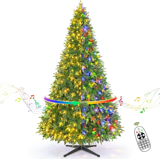 7.5ft Prelit Rotating Artificial Christmas Tree with Remote Timer & Dimmer, 470 Multi-Color LED Lights 1470 PE & PVC Branches for Holiday Decor