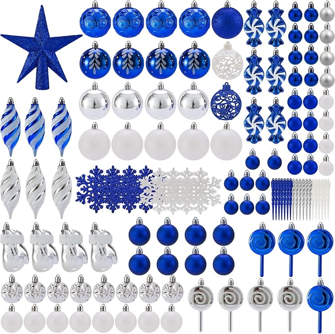 Shatterproof Christmas Ball Ornaments Set, 130 Pack Christmas Tree Decorations, Assorted Hanging Christmas Balls Bulk for Holiday Indoor Outdoor Xmas Party Decor (130 Blue)