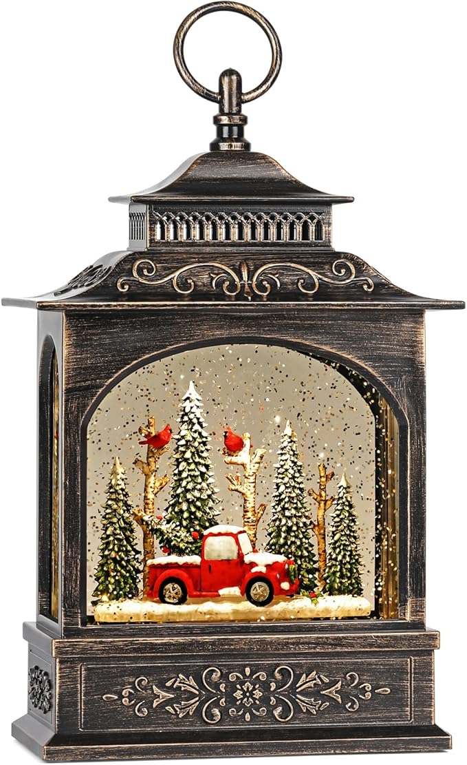 Musical Christmas Snow Globe Lantern with 6H Timer, Lighted Christmas Decorations Battery Operated Snow Globe for Home Tabletop, Red Truck & Cardinals