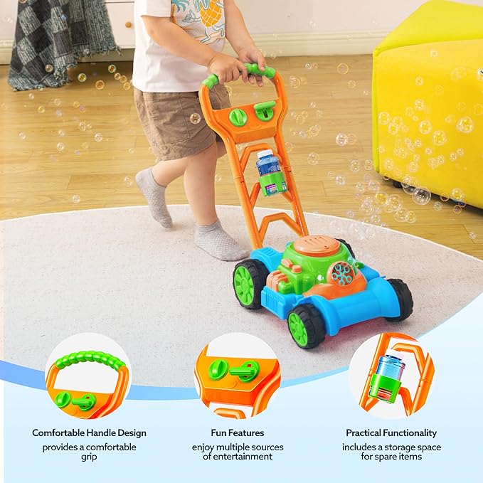 SLOOSH Bubble Lawn Mower Toddler Toys - Leak-Proof Bubble Machine Pretend and Play Gardening Toy for Indoor Outdoor Use, Push Toys Preschool Baby Boys Kids Halloween Birthday Gifts (Blue)