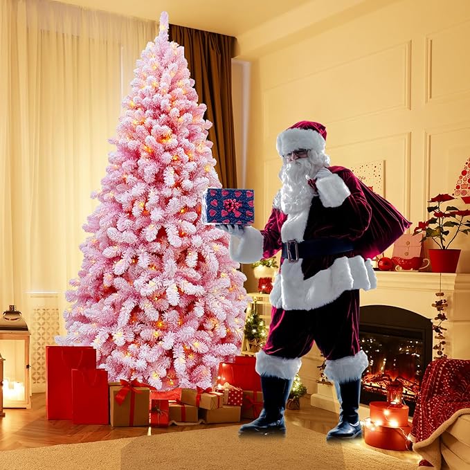 Christmas Tree 7.5 ft, Pink Prelit Christmas Tree with Lights, Flocked Christmas Trees Prelit with 10 Modes Colorful 400 Lights, Easy Assembly Artificial Christmas Trees with Fluffy Tips