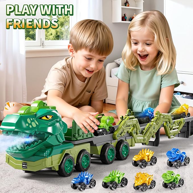 10 in 1 Dinosaur Truck Toys for Kids Aged 3-5 4-8 with Foldable Race Track, Carrier Truck with 9 Dinosaur Toy Cars for Boys, Spraying, Light and Sound, Birthday Gifts for Girls Toddlers 5-7
