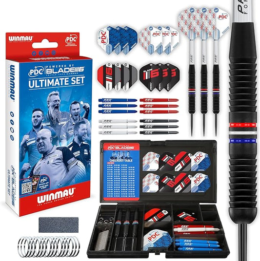 Winmau PDC Ultimate Set with 22G Steeltip Brass Darts and Accessories - Includes Dart Flights and Shafts (Stems)