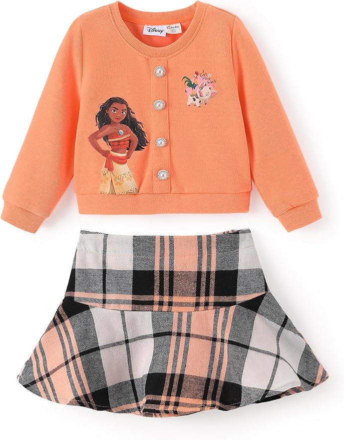 Disney Frozen Elsa Stitch Princess Moana Minnie Toddler Girl 2 Piece Outfit Kid Pearl Button Knit Top & Tweed Skirt Set 2-13Y