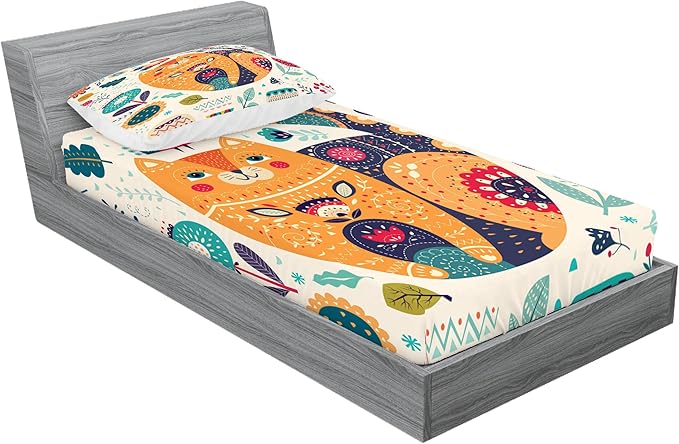 Ambesonne Paisley Fitted Sheet & Pillow Sham Set, Little Smiling Cheek Cat Animal Various Oriental Leaf Flower Artwork, Decorative Printed 2 Piece Bedding Decor Set, Twinxl, Orange Multicolor