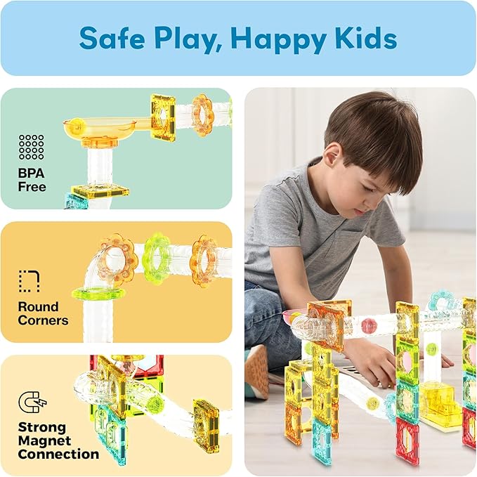 PicassoTiles 100pc Magnetic Marble Run Travel Size Tile Blocks Construction Kids Toy Set On The Go Mini Magnet Tiles Marbles Playset for Race Track Building Block STEM Learning Kit Boy Girl 3+ PTMG100