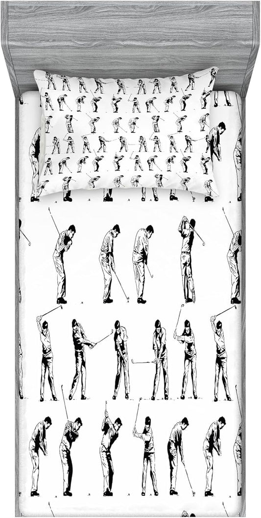 Ambesonne Golf Fitted Sheet & Pillow Sham Set, Golf Swing Shown in 14 Stages Sports Hobby Themed Sketch Art Storyboard Print, Decorative Printed 2 Piece Bedding Decor Set, Twinxl, White Charcoal