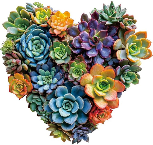 Heart Succulent Wooden Puzzles for Adults, 200 Piece Unique Shaped Wood Jigsaw Puzzles for Adults and Kids, Fun Challenging Puzzles Family Game Gift, Medium 11.7'' x 11.2''