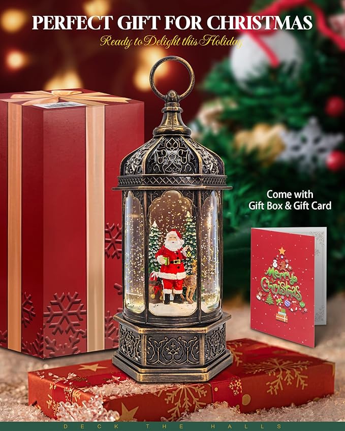 Musical Christmas Snow Globes Lantern, 13" Lighted Electric Snowglobes with 8 Holiday Songs, 6H Timer Dual Power, Santa & Deer Christmas Ornaments Snow Globe for Kids Adults, Gifts for Men Women