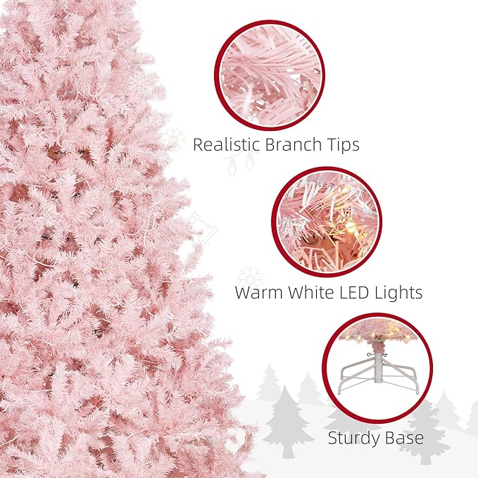 HOMCOM 7.5' Tall Prelit Christmas Tree Douglas Fir Artificial Christmas Tree with Realistic Branches, 500 Warm White LED Lights and 1346 Tips, Pink