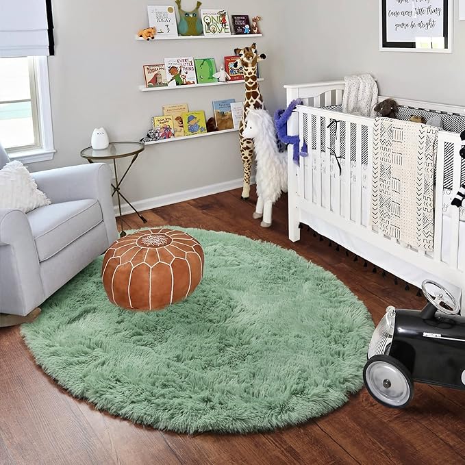 ONASAR Sage Green Round Area Rugs 6ft, Fluffy Soft Bedroom Circle Rug for Kids Girls Boys Teen Room, Cute Furry Plush Shaggy Carpet Floor Mats for Nursery Living Room Playroom Dorm Home Decor