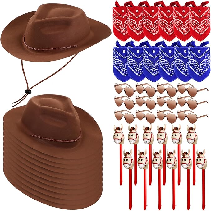 Xtinmee 48 Pcs Kids Cowboy Party Favor with Cowboy Hats Inflatable Stick Horses Bandanas Heart Glasses for Kid Costume(Brown)