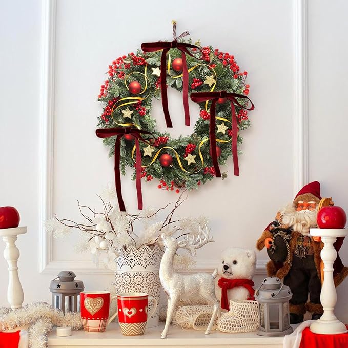 24Pcs Velvet Ribbon 5 x 7 Inch Christmas Ribbon 3/8 Inch Wide Christmas Bows Vintage Velvet Bows for Christmas Tree Burgundy Bows for Christmas Tree Decorations