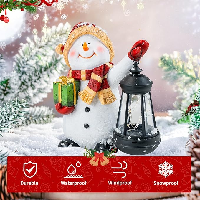 Solar Christmas Snowman Decoration Resin Snowman Outdoor Statue with LED Lantern for Porch Garden Patio Yard Home Decor Christmas Gardening Gifts for Women Mom