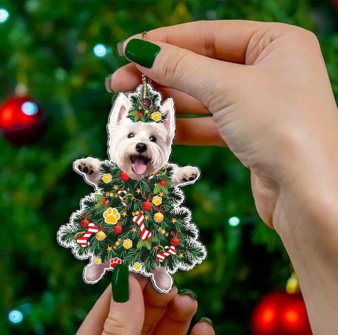 2025 West Highland White Terrier Dog Christmas Ornament - Adorable Dog Dressed as a Christmas Tree - Fun and Festive Acrylic Decoration