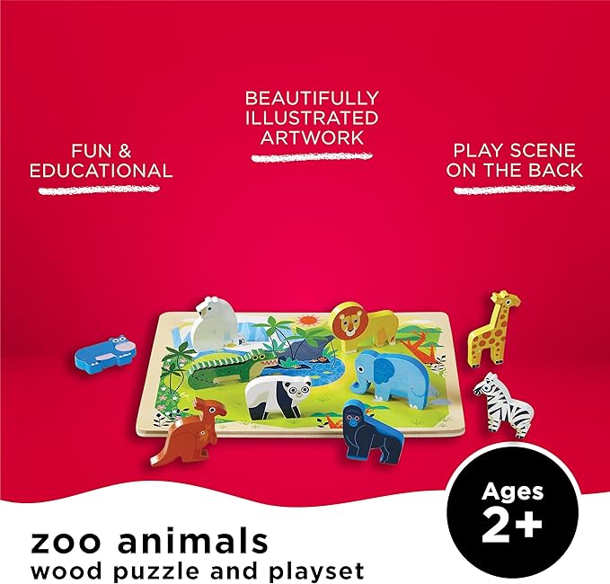 Crocodile Creek Wood Puzzle and Playset, 16 Chunky Wooden Pieces Stand-Up with Play Scene on The Back, for Ages 2+, Zoo Animals