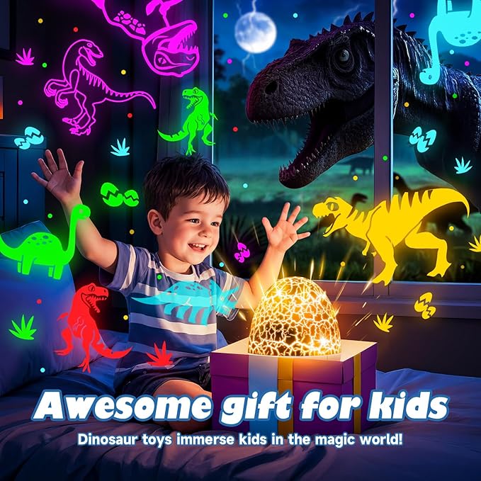 PIKOY Dinosaur Toys for Kids 3-8 Night Light Projector Dinosaur Eggs | 15 Sounds & 3D Films | 31Colors & Remote Control | Toddler Toys, Boys Room Decor, STEM Educational Gifts