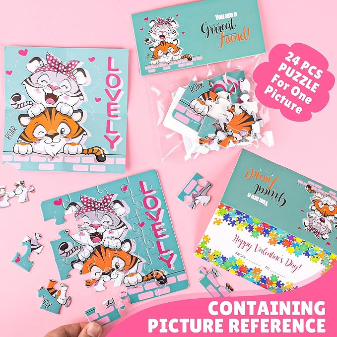 MOVINPE Valentines Day Gifts for Kids - 30 Pack Jigsaw Puzzle with Valentines Cards Headers for Kids - Valentine Day Exchange Gift Puzzle Classroom Prizes for Girls Boys School Class Bulk