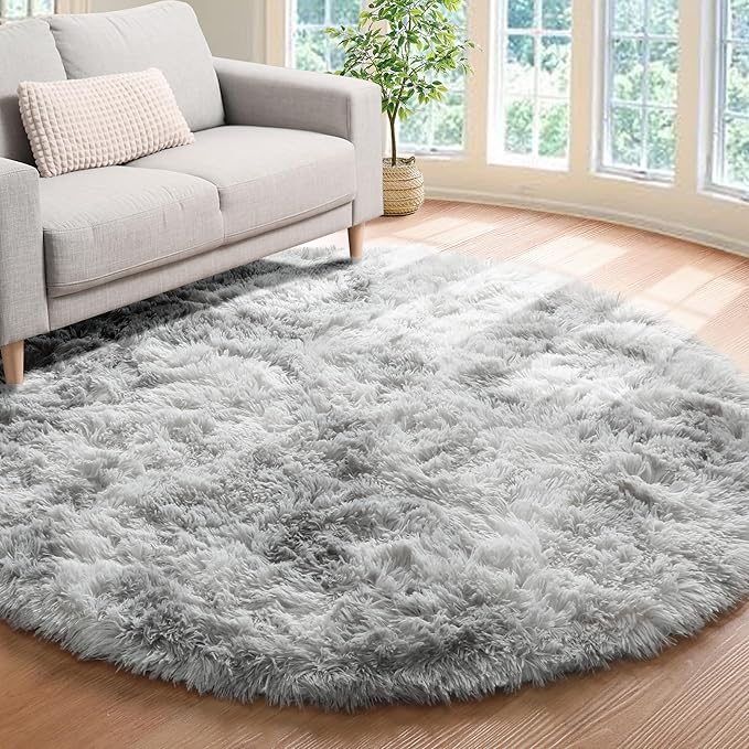 ONASAR Tie-Dyed Light Grey Round Area Rugs 6ft, Ultra Soft Bedroom Circle Rug for Kids Girls Boys Teen Room, Fluffy Plush Shaggy Carpet Floor Mats for Dorm Nursery Living Room Playroom Home Decor
