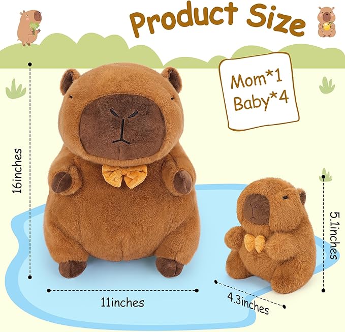 Achwishap 5PCS Capybara Plush,Capybara Stuffed Animal Mommy with 4 Capybara Babies Plush Toy,Cute Plushie Capybara Hugging Pillow Cuddle Plushie for Kids Girls Boys Gifts(Capybara Family,16”,Brown)