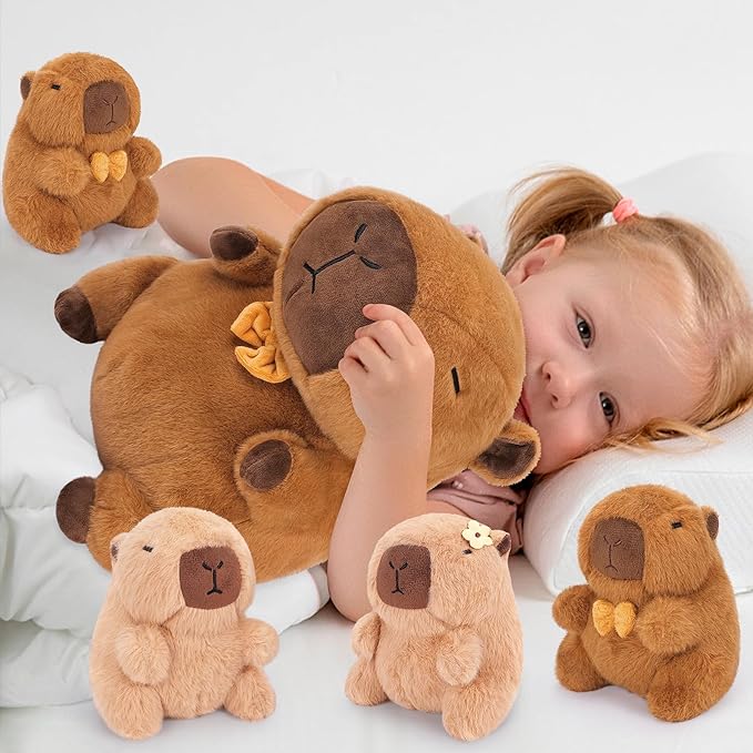 Achwishap 5PCS Capybara Plush,Capybara Stuffed Animal Mommy with 4 Capybara Babies Plush Toy,Cute Plushie Capybara Hugging Pillow Cuddle Plushie for Kids Girls Boys Gifts(Capybara Family,16”,Brown)