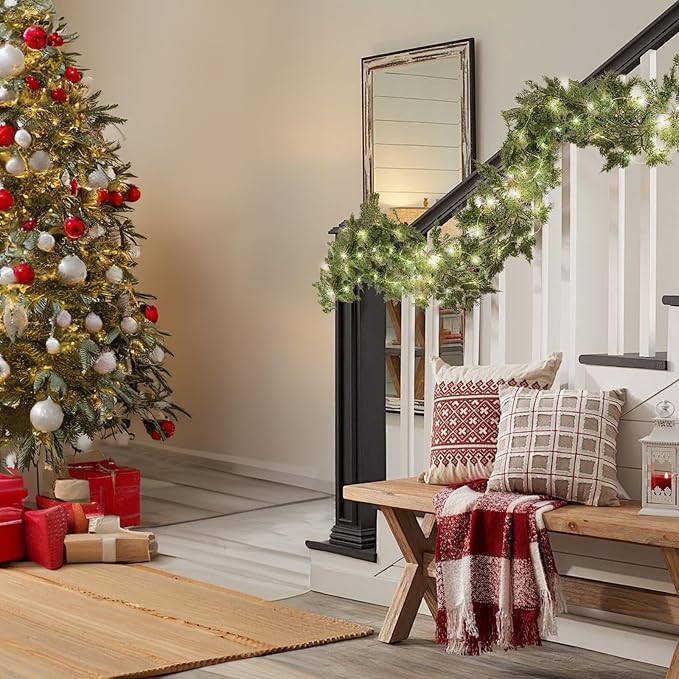 RECUTMS Mantle Garland 6FT Garlands with Lights 30 LED Strings Fake Hanging Plants Greenery Outdoor Wreath Plant Classic Leaves Soft Plastic for Arch Porch Wall Wedding (Green Light S)