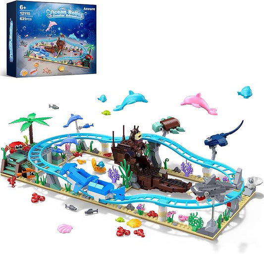Ocean Roller Coaster Adventure Park Building Set, Friends Blocks Kit with Submarine & Dolphins Railcar Rollercoaster, Gift for Kids Birthday Children's Day Christmas