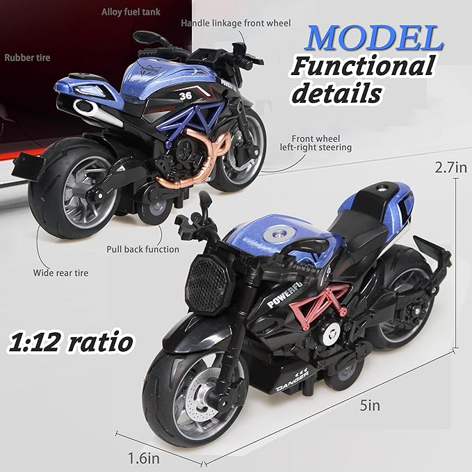 4-Pack Pull-Back Motorcycle Toys - Friction Powered Kids Toy Cars with Lights, Sounds & Automatic Drive for Boys & Girls Aged 3-12