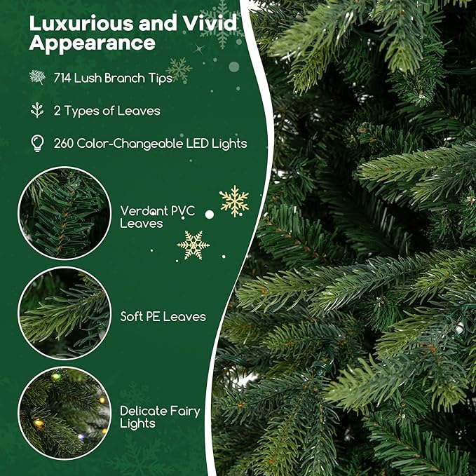 Goplus 6ft Pre-Lit Artificial Christmas Tree, Hinged Xmas Tree with 714 PVC & PE Tips, 260 Multicolored & Warm White LED Lights, 11 Modes, Remote Control, Metal Stand, Home Office Decoration